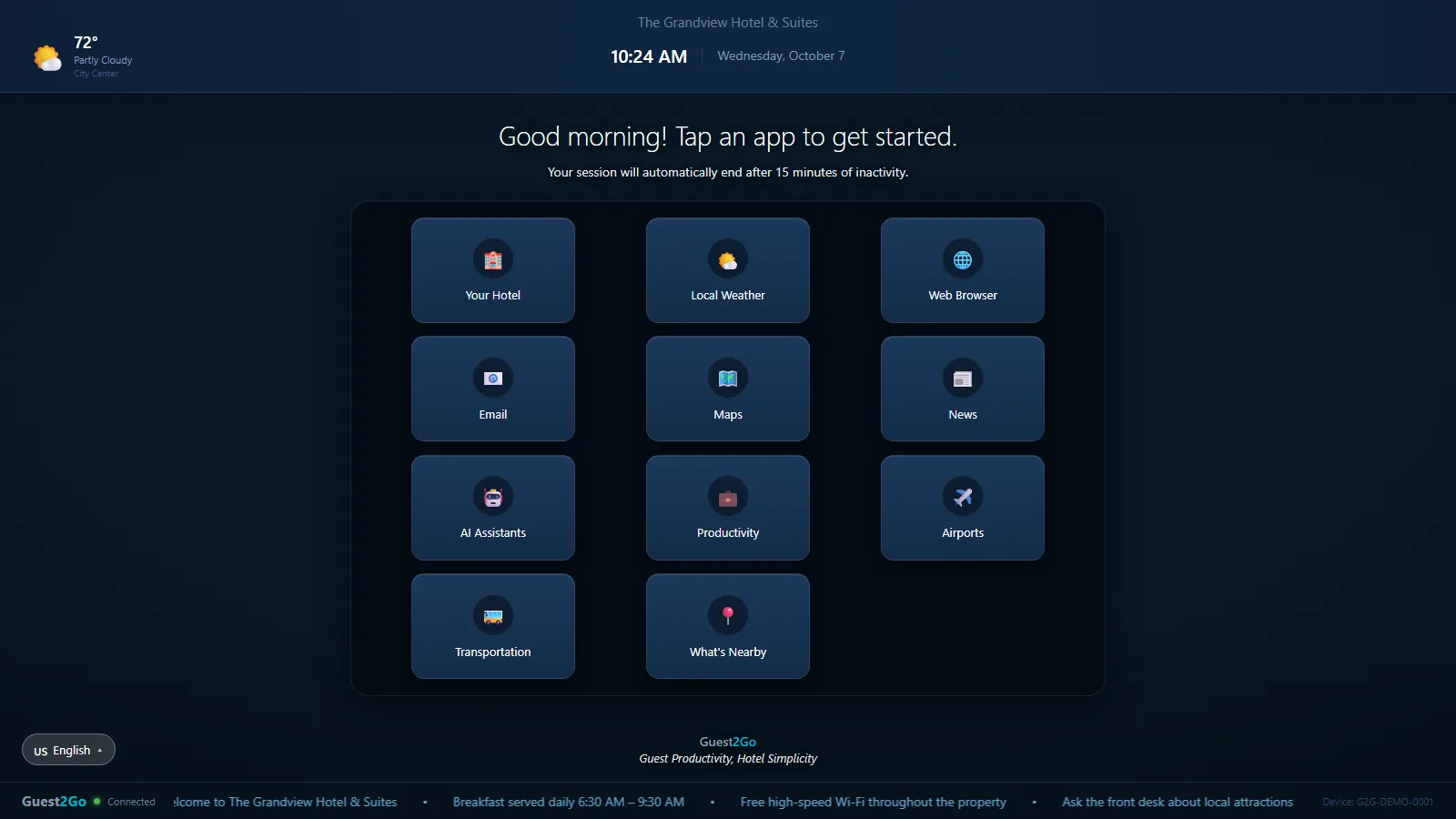 The Guest2Go kiosk home screen: large labeled tiles for hotel information, weather, web, email, maps, news and more.