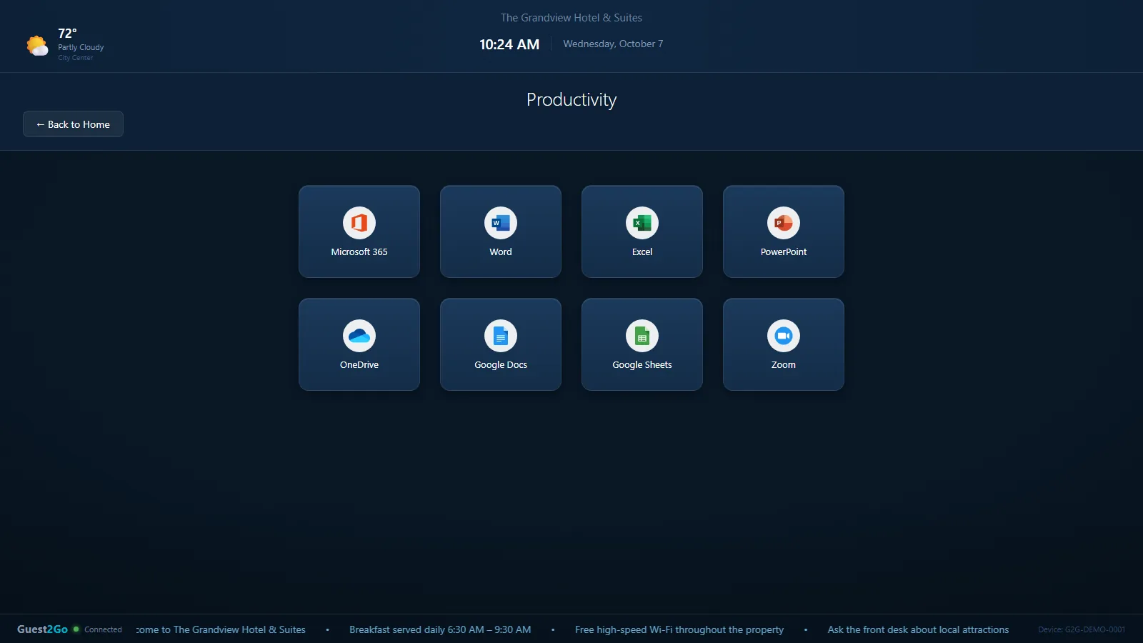 Productivity apps: Word, Excel, PowerPoint, OneDrive, Google Docs, Zoom
